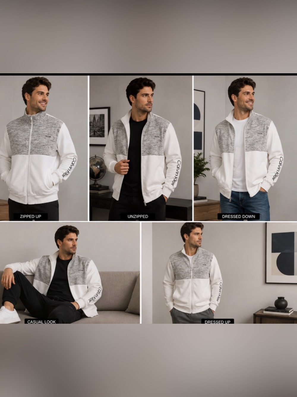 Calvin Klein Men’s White and Gray Full-Zip Sweater Jacket